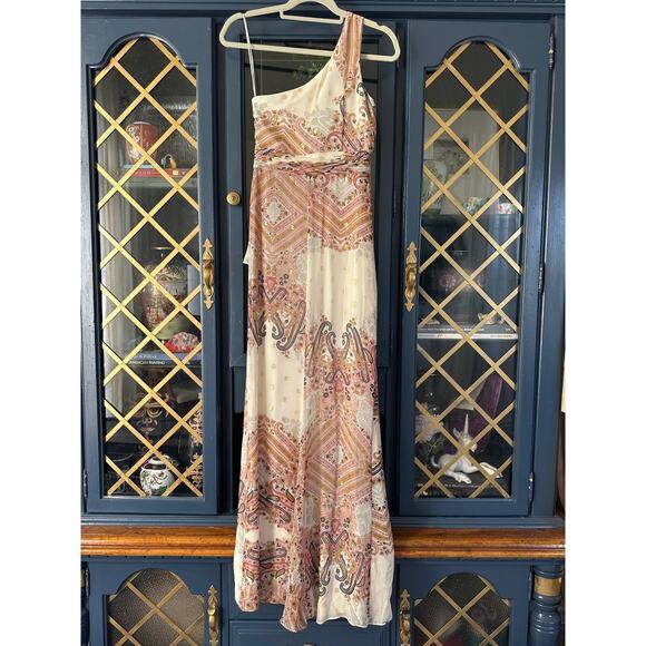 Badgley Mischka Y2K Vintage silk dress one shoulder paisley gown sz 2 cream gold - Picture 8 of 11